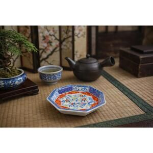 Japan Vintage 1980s Arita Imari Style Porcelain Octagonal Dish, 4.5x1.5”